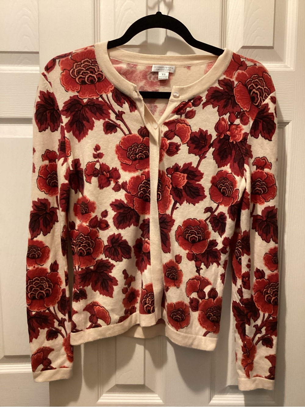 Investments Cashmere Cream Cardigan with Red Floral Print